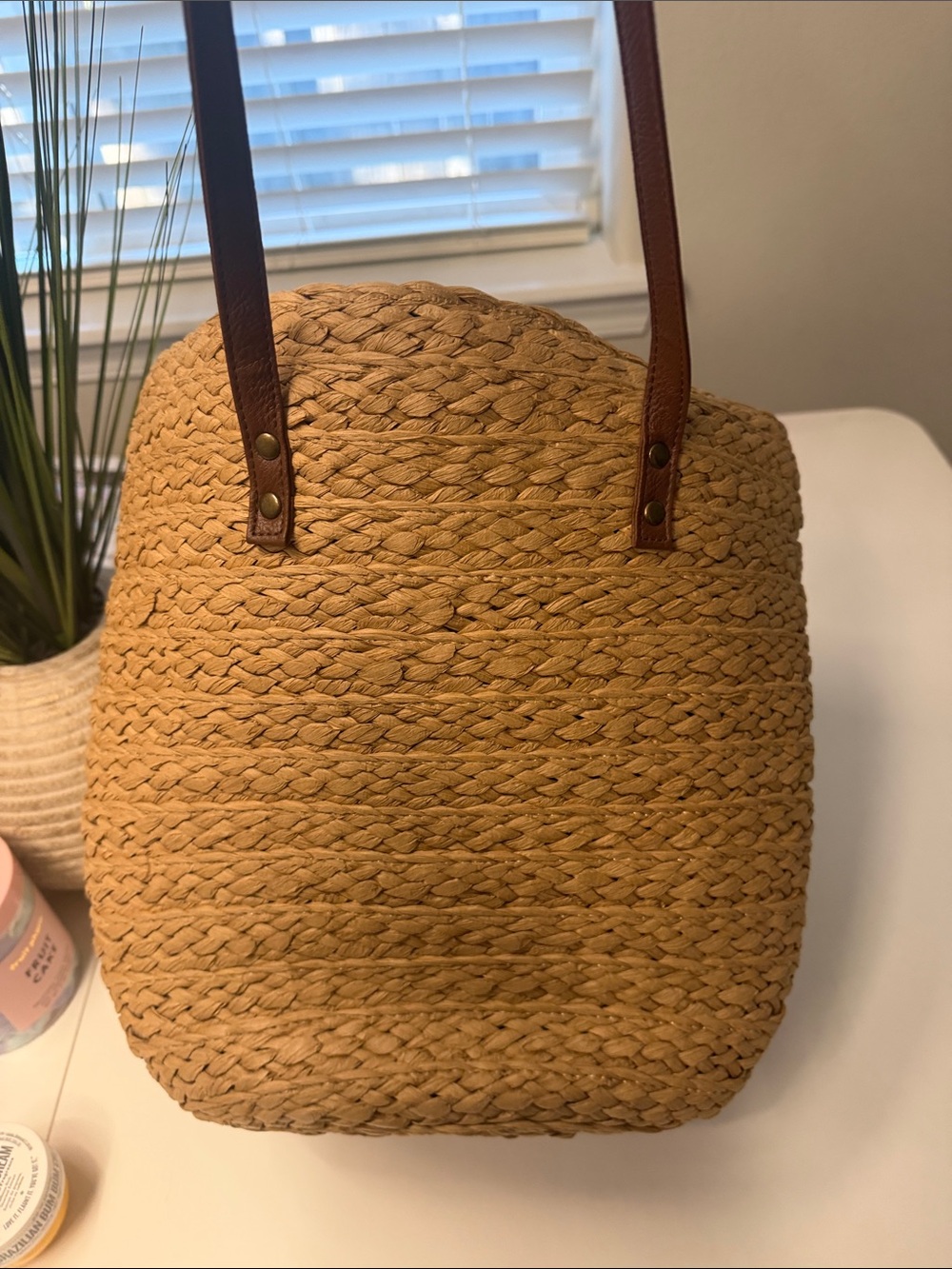 Natural Woven Tote with Brown Leather Handles - Picture 3 of 5
